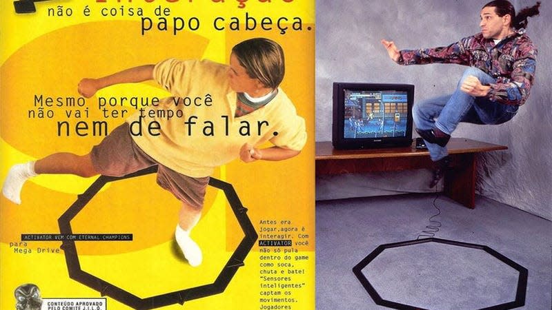A collage shows a Spanish-language Kinect ad and a male actor acting ridiculous near a Sega Activator.