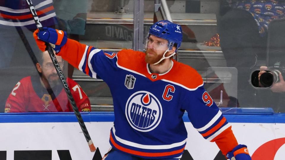 Edmonton Oilers centre Connor McDavid celebrates his goal during the second period of his team's win over the visiting Florida Panthers in Game 4 of the Stanley Cup final on Saturday at Rogers Place. (Sergei Belski-USA TODAY Sports/Reuters - image credit)