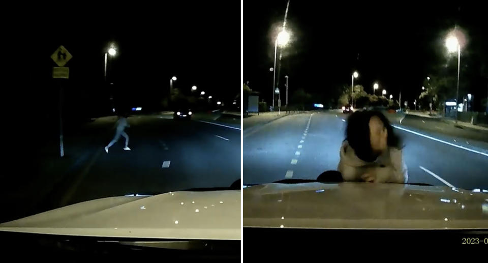 A woman can be seen on dash cam running on to Grand Plaza Drive in Browns Plains before being hit by a car. Source: Dashcam Owners Australia