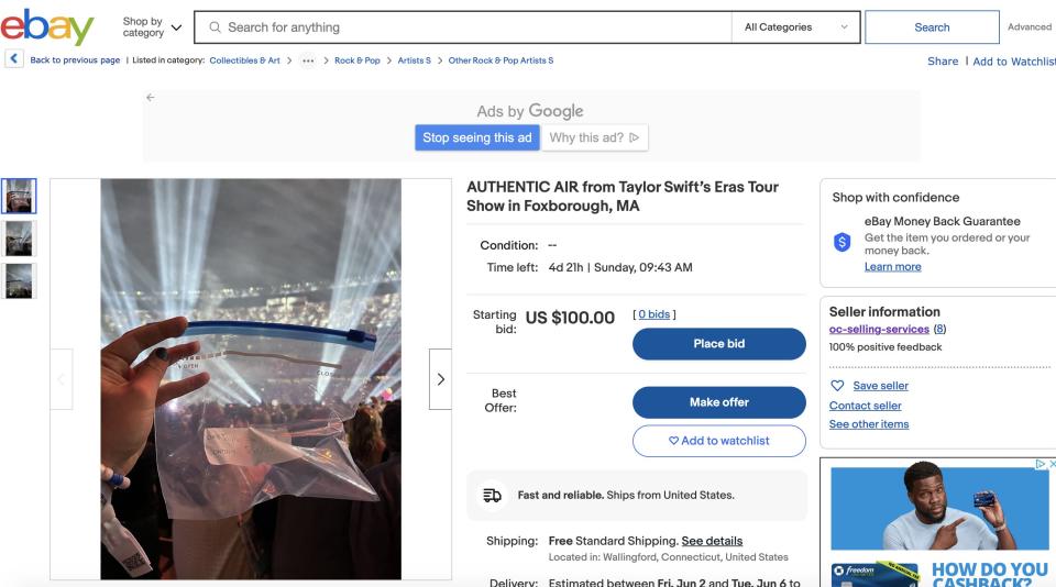 screenshot of Ebay listing selling "air" from Taylor Swift concert