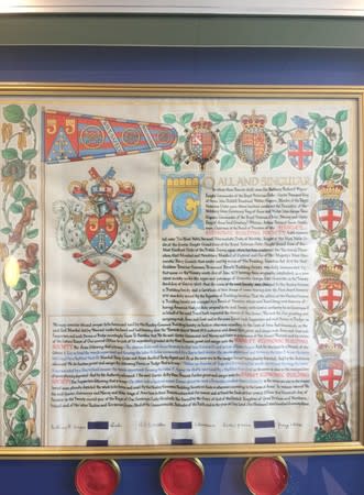 A coat of arms of the Hanley Economic Building Society is seen on a wall at their headquarters in Stoke-on-Trent