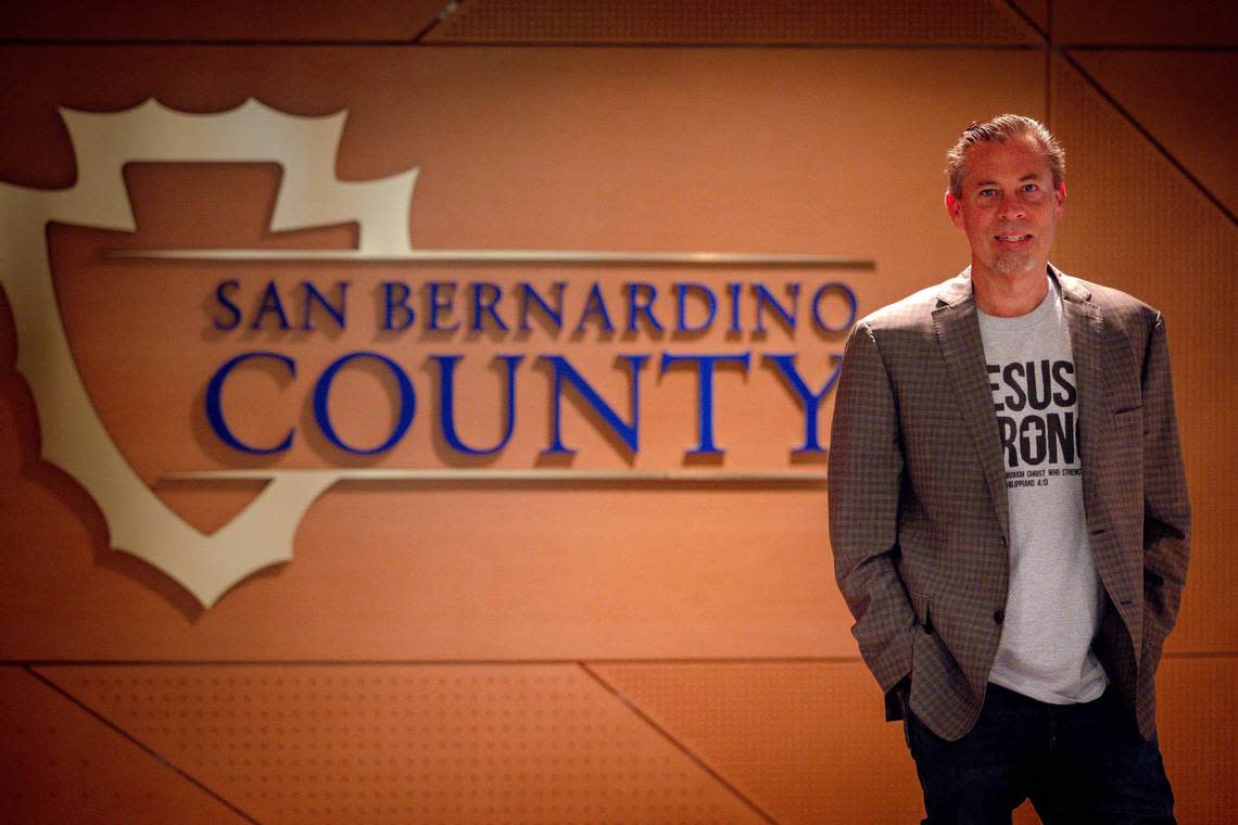 Rancho Cucamonga real estate developer Jeff Burum, stands outside  the San Bernardino County Board of Supervisors meeting room, on Aug. 9, 2022. Burum proposed Measure EE, which called for San Bernardino County secede from California.