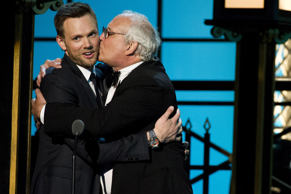 In this April 28, 2012 photo, Joel McHale, left, and Chevy Chase from the NBC comedy series "Community," appear onstage at The 2012 Comedy Awards in New York. The Comedy Awards will air on Sunday, May 6 at 9:00 p.m. EST on Comedy Central. (AP Photo/Charles Sykes)