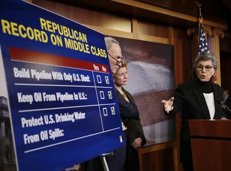 U.S. Senator Chuck Schumer (D-NY) (L-R), Senator Debbie Stabenow (D-MI) and Senator Barbara Boxer (D-CA) respond to Republicans at a Democrat response news conference after voting on amendments on the Keystone XL pipeline bill on Capitol Hill in Washington January 29, 2015. REUTERS/Gary Cameron