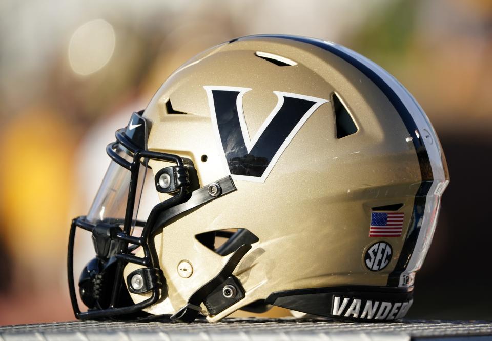 Oct 22, 2022; Columbia, Missouri, USA; A detail view of a Vanderbilt Commodores helmet against the Missouri Tigers during the second half of the game at Faurot Field at Memorial Stadium. Mandatory Credit: Denny Medley-USA TODAY Sports