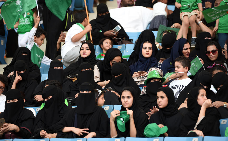 Women&nbsp;commemorate the anniversary of Saudi Arabia's founding at&nbsp;King Fahd International Stadium in Riyadh on Sept. 23, 2017. Strict rules on public segregation of the sexes&nbsp;have effectively barred women in Saudi Arabia from entering sports arenas. (Photo: FAYEZ NURELDINE/AFP/Getty Images)