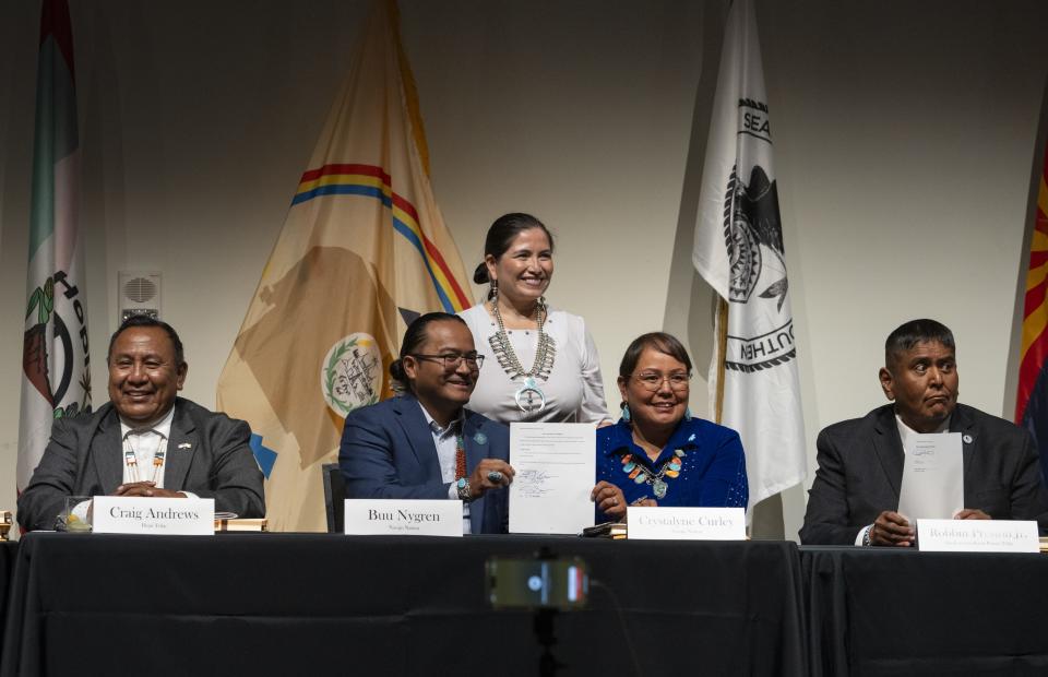 From left: Hopi Tribe Vice Chairman Craig Andrews, Navajo Nation President Buu Nygren, Attorney General of the Navajo Nation Ethel Branch, Speaker of the Navajo Nation Council Crystalyne Curley and San Juan Southern Paiute Tribe President Robbin Preston Jr. after signing the water settlement on July 17, 2024, at the Heard Museum in Phoenix.