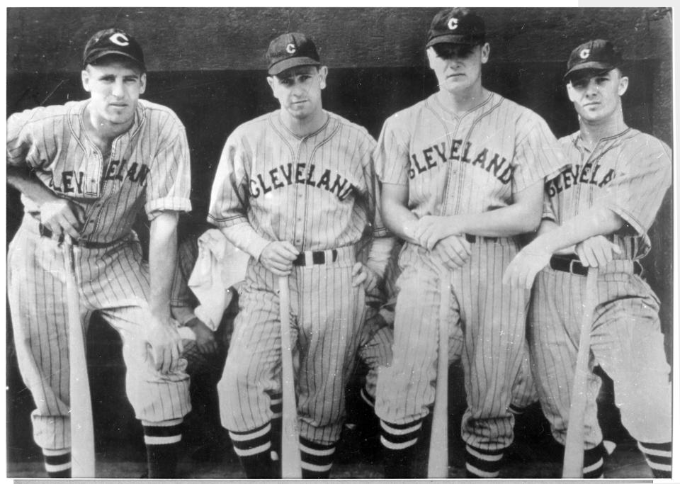 Portrait of four players from the Cleveland Indians baseball team as they all pose with bats, Cleveland, Ohio, 1932. Pictured are, from left, Hal Trosky, Earl Averill, Joe Voskmik, and Luke Sewell. (Photo by Transcendental Graphics/Getty Images)