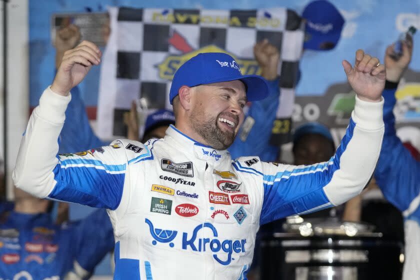 Ricky Stenhouse Jr. celebrates in Victory Lane after winning the NASCAR Daytona 500.