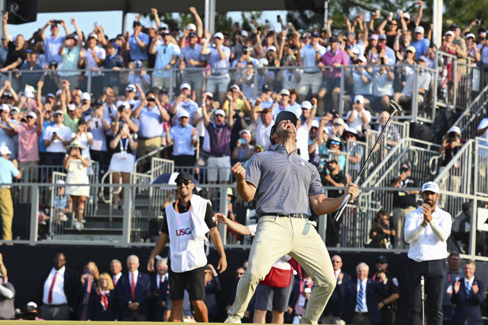 PINEHURST, NORTH CAROLINA - JUNE 16: Bryson DeChambeau reacts at the 18th hole during the final round of 124th U.S. Open Championship at Pinehurst No. 2 at Pinehurst Resort on June 16, 2024 in Pinehurst, North Carolina. (Photo by Tracy Wilcox/PGA TOUR via Getty Images)