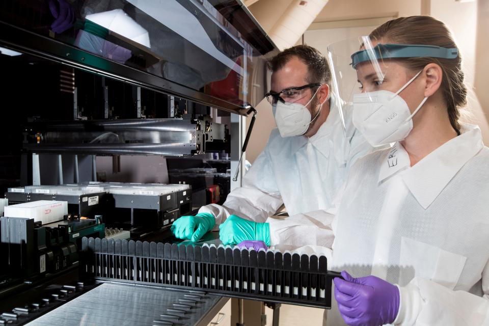 Matthew Meyer, senior proteomics scientist, and Stephanie Knapik, a research associate, work in a lab that analyzes blood samples at the company's facility in the Center for Emerging Technologies in St. Louis. C2N Diagnostics has started selling the first blood test to help diagnose Alzheimer’s disease.