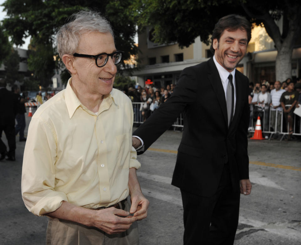 Woody Allen, left, writer/director of "Vicky Cristina Barcelona," is greeted by cast member Javier Bardem at the premiere of the film in Los Angeles, Monday, Aug. 4, 2008. (AP Photo/Chris Pizzello)