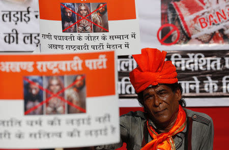 A member of the Rajput community holds a placard during a protest against the release of the upcoming Bollywood movie 'Padmaavat' in Mumbai, India, January 20, 2018. REUTERS/Danish Siddiqui