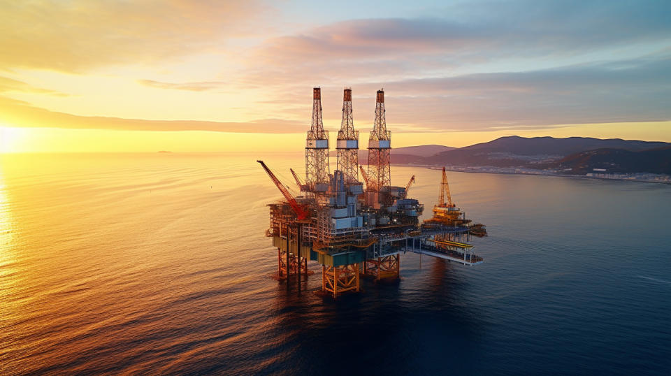 An aerial view of an oil rig at sunrise, emphasizing the power of the natural gas transportation industry.