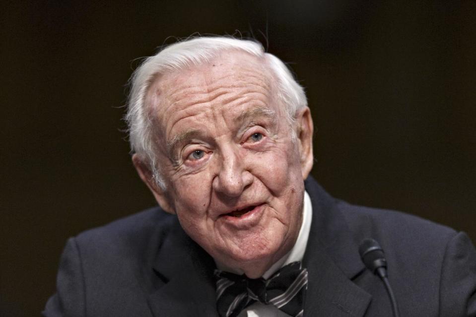 Retired Supreme Court Justice John Paul Stevens testifies on the ever-increasing amount of money spent on elections as he appears before the Senate Rules Committee on Capitol Hill in Washington, Wednesday, April 30, 2014. The panel is examining campaign finance rules which have been eased since 2010 court decisions opened the door for wealthy political action committees that can accept unlimited donations as expressions of political speech. (AP Photo)