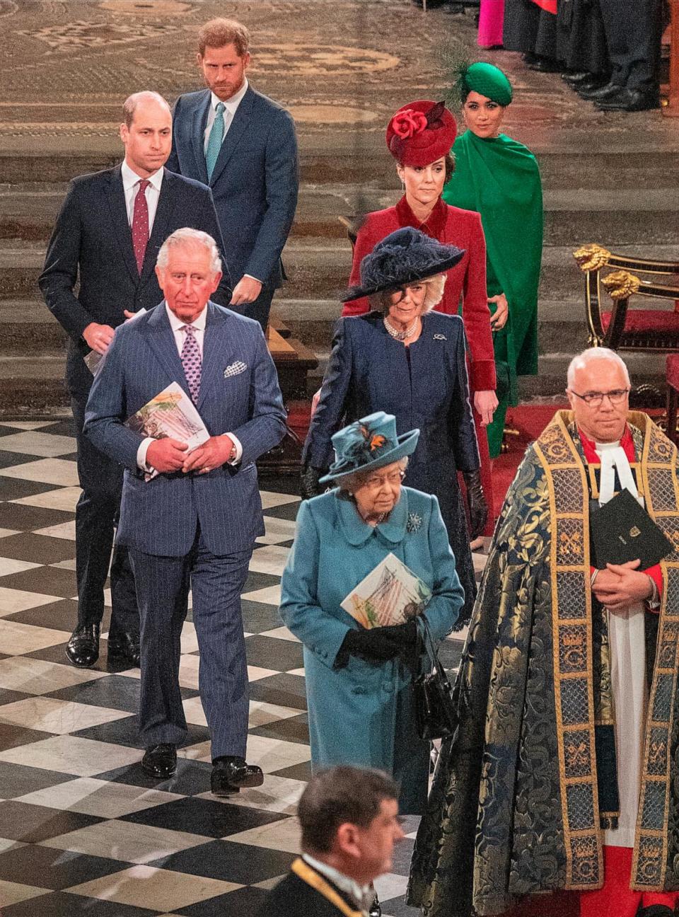PHOTO: Queen Elizabeth, Prince Charles, Prince of Wales and Camilla, Prince William, Catherine, Duchess of Cambridge, Prince Harry, Duke of Sussex and Meghan, Duchess of Sussex attend the Commonwealth Day Service 2020, March 9, 2020, in London. (WPA Pool/Getty Images)