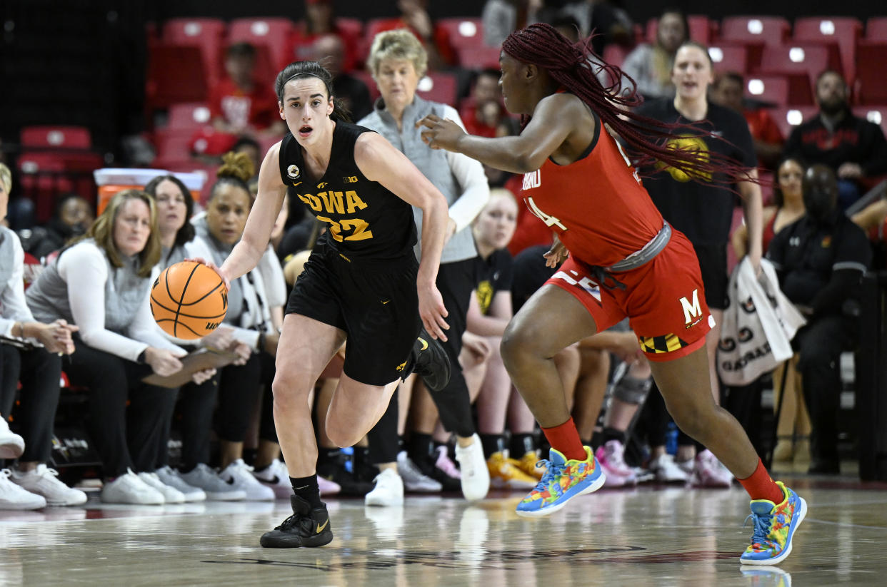 Iowa's Caitlin Clark handles the ball against Maryland on Feb. 21, 2023, in College Park, Maryland. (G Fiume/Getty Images)