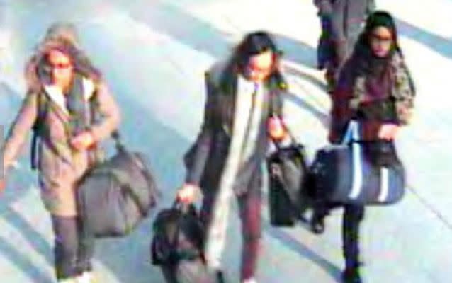 Amira Abase, Kadiza Sultana, and Shamima Begum left the UK in a suspected bid to travel to Syria to join the Islamic State extremist group. Source: AP Photo/Metropolitan Police.