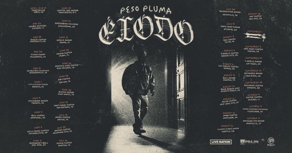 Peso Pluma, the chart topping corridos tumbados superstar, announced his "Exodo" tour on Tuesday. The tour will include a Nashville stop at Bridgestone Arena on July 30, 2024.