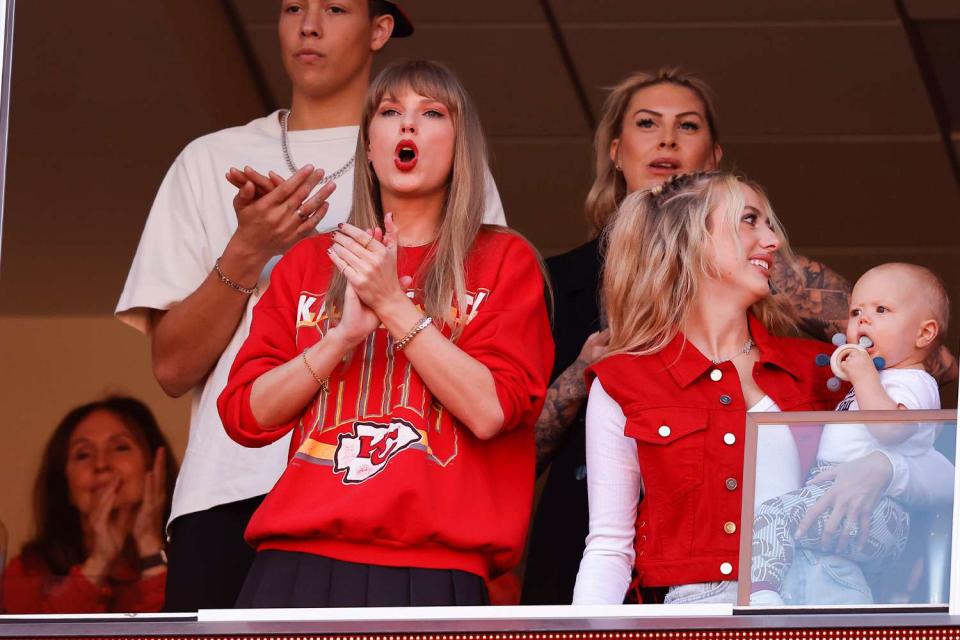 <p>Jamie Squire/Getty </p> Taylor Swift attends Kansas City Chiefs vs. Los Angeles Chargers game