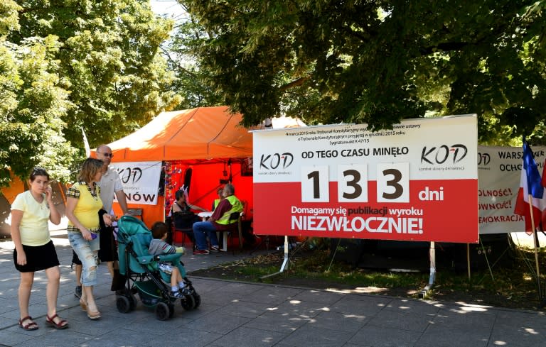 A protest camp set up by the KOD (Committee of the Defence of Democracy) Polish pro-democracy group across the street from the prime minister's chancellery in Warsaw on July 21, 2016