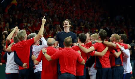 Tennis - Belgium v Great Britain - Davis Cup Final - Flanders Expo, Ghent, Belgium - 29/11/15 Men's Singles - Great Britain's Andy Murray celebrates with with team mates after beating Belgium's David Goffin to win the Davis Cup Action Images via Reuters / Jason Cairnduff