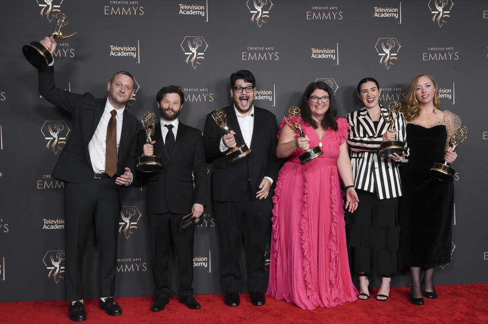 The team from "I Think You Should Leave With Tim Robinson" pose in the press room with the award for outstanding short form comedy, drama, or variety series during night two of the Creative Arts Emmy Awards on Sunday Jan. 7, 2024, at the Peacock Theater in Los Angeles. (Photo by Richard Shotwell/Invision/AP)