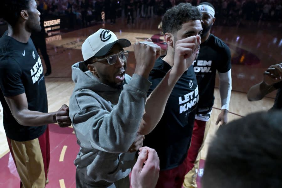 CLEVELAND, OHIO – MAY 13: Donovan Mitchell #45 of the Cleveland Cavaliers speaks with the team before Game Four of the Eastern Conference Second Round Playoffs at Rocket Mortgage Fieldhouse on May 13, 2024 in Cleveland, Ohio. NOTE TO USER: User expressly acknowledges and agrees that, by downloading and or using this photograph, User is consenting to the terms and conditions of the Getty Images License Agreement. (Photo by Nick Cammett/Getty Images)