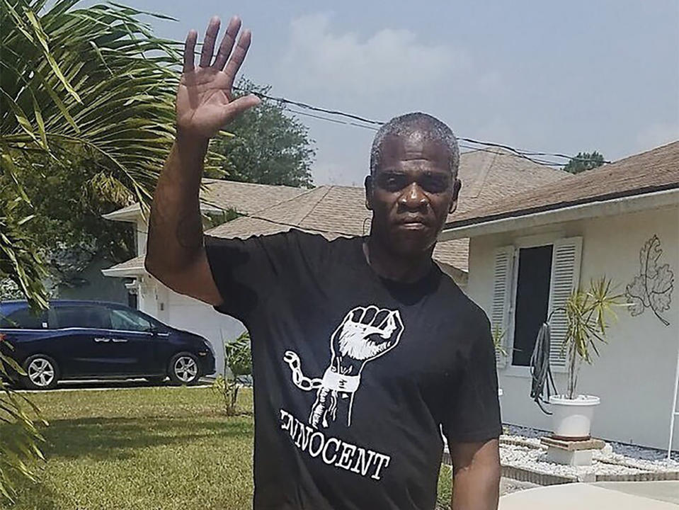 In this photo provided by the Innocence Project of Florida, Leonard Allen Cure poses on the day of his release from prison on April 14, 2020, in Fla. Cure, who spent more than 16 years in prison in Florida on a wrongful conviction, was shot and killed Monday, Oct. 16, 2023, by a sheriff's deputy in Georgia during a traffic stop, authorities and representatives said. (Innocence Project of Florida via AP)