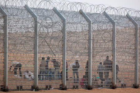 FILE PHOTO: African would-be immigrants stand near the border fence between Israel and Egypt near the Israeli village of Be'er Milcha September 6, 2012. REUTERS/ Nir Elias/File Photo