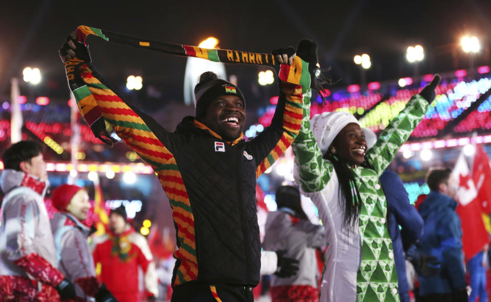 <p>Athletes walk in the stadium during the closing ceremony of the 2018 Winter Olympics in Pyeongchang, South Korea, Sunday, Feb. 25, 2018. (AP Photo/Natacha Pisarenko) </p>