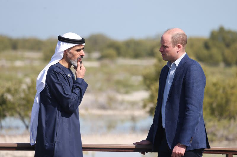 Britain's Prince William meets with Chairman of Abu Dhabi Executive Office Sheikh Mohammed bin Zayed al-Nahyan as he visits the Jubail Mangrove Park, in Abu Dhabi