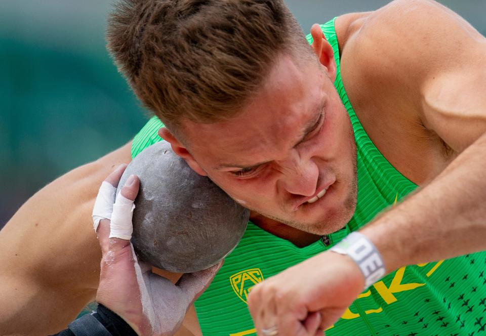 Oregon's Max Vollmer throws in the men's decathlon shot put on the first day of the NCAA Outdoor Track & Field Championships Wednesday, June 8, 2022 at Hayward Field in Eugene, Ore.