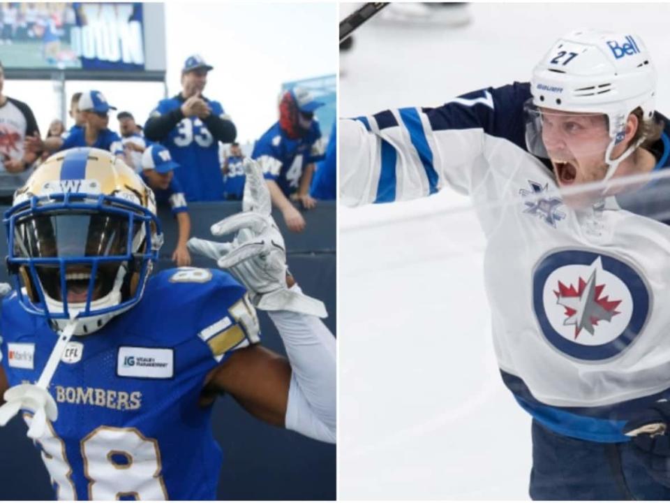 Winnipeg Blue Bombers wide receiver Rasheed Bailey, left, and Winnipeg Jets winger Nikolaj Ehlers celebrate scores by their respective teams. (John Woods/Frank Gunn/The Canadian Press - image credit)
