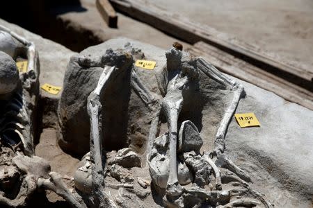 Skeletal remains, with iron shackles on their wrists, are laid in a row at the ancient Falyron Delta cemetery in Athens, Greece, July 27, 2016. REUTERS/Alkis Konstantinidis