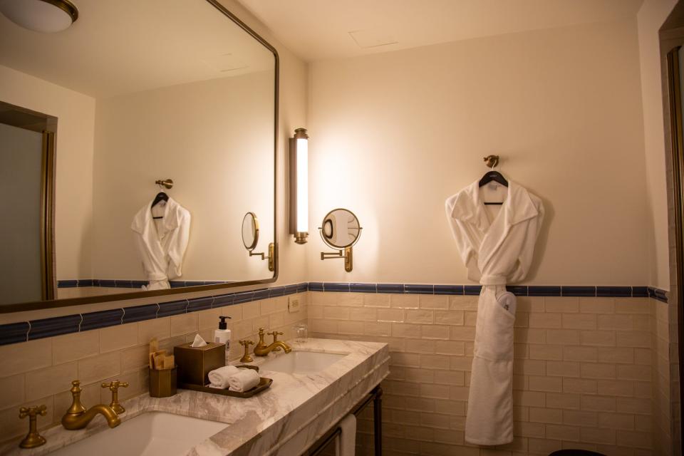 The interior of the bathroom in the author's hotel room.