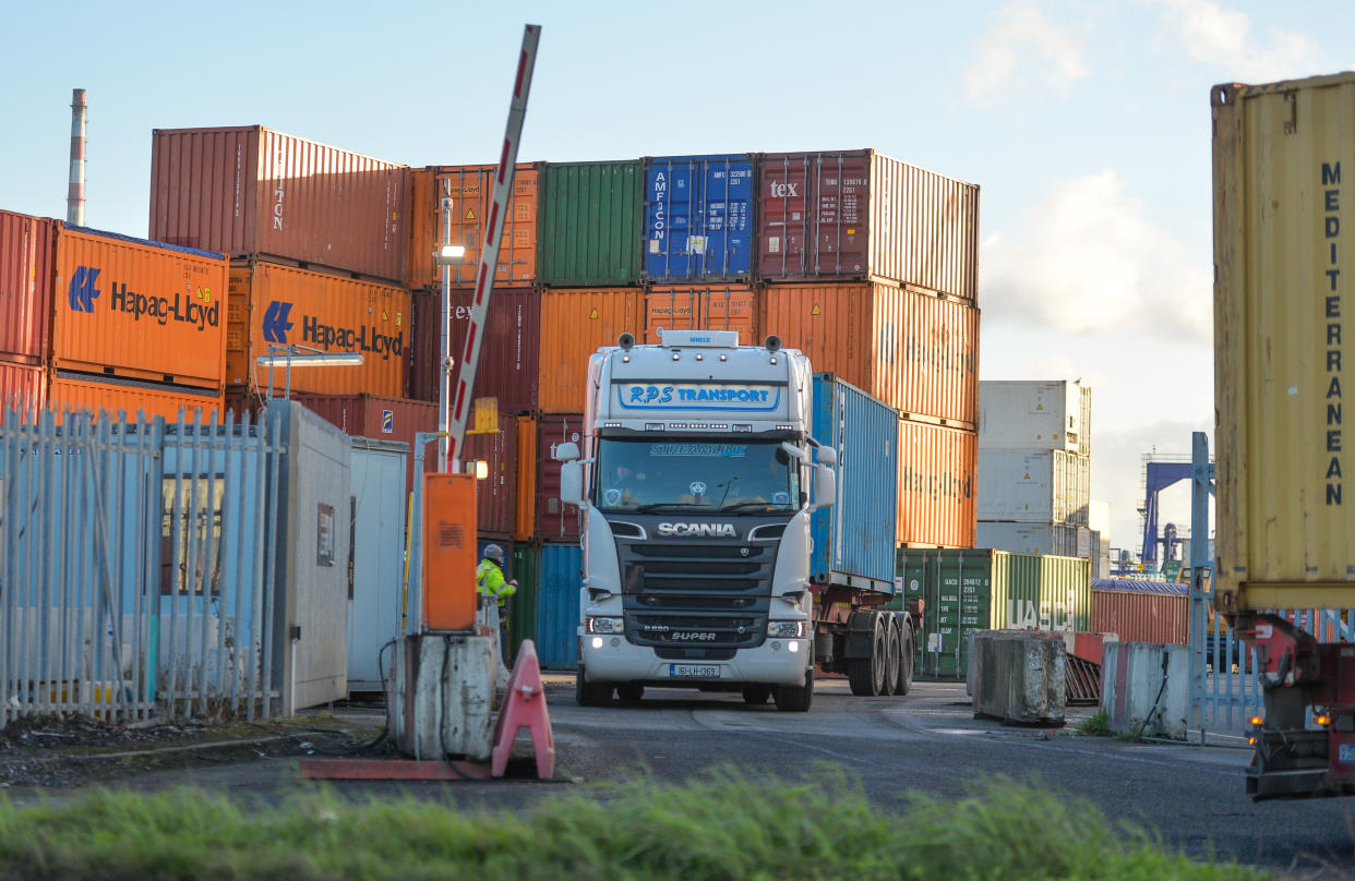 A freight lorry leaves the container depot in Dublin Port. On Friday, January 22, 2021, in Dublin, Ireland. (Photo by Artur Widak/NurPhoto via Getty Images)