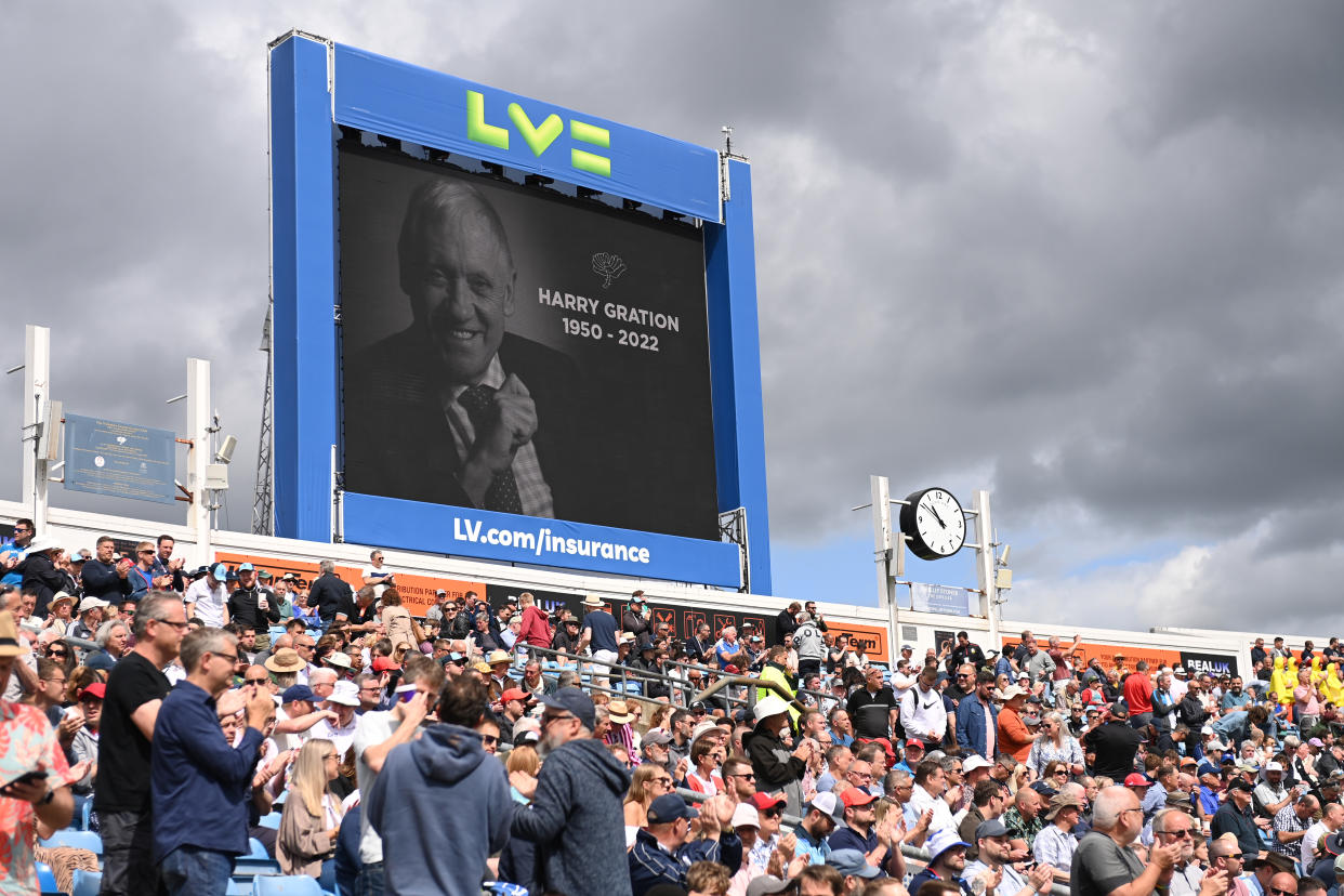 LEEDS, ENGLAND - JUNE 25: A tribute to Harry Gration, BBC Presenter and Yorkshire Cricket board member who passed away during day three of the Third LV= Insurance Test match between England and New Zealand at Headingley on June 25, 2022 in Leeds, England. (Photo by Gareth Copley/Getty Images)