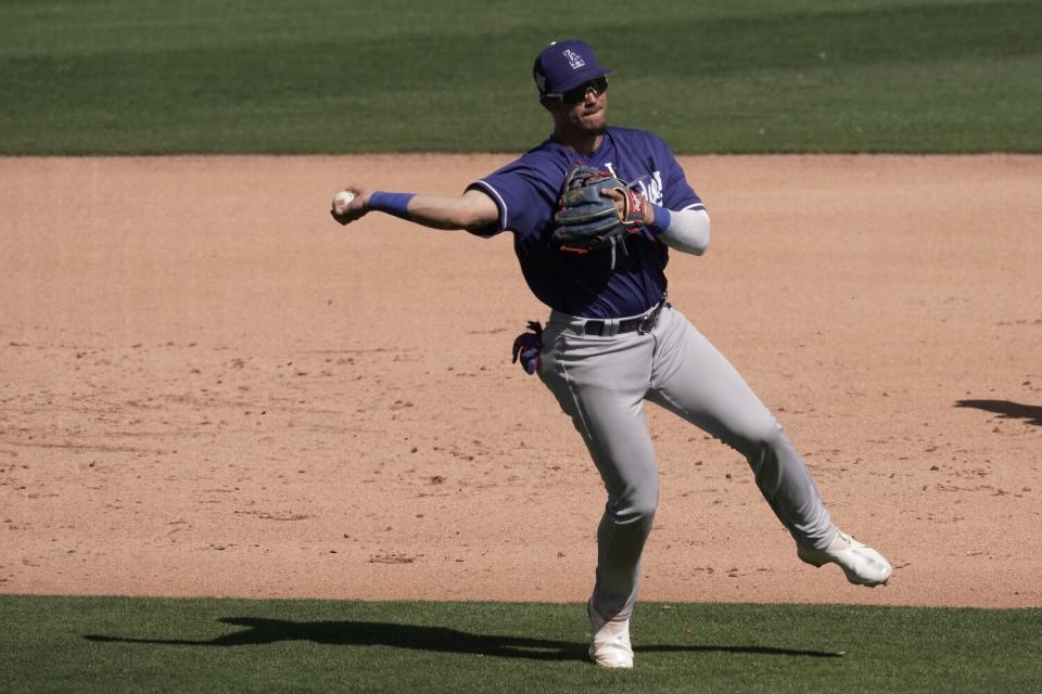 Dodgers' Miguel Vargas throws during the fifth inning of a spring training game.