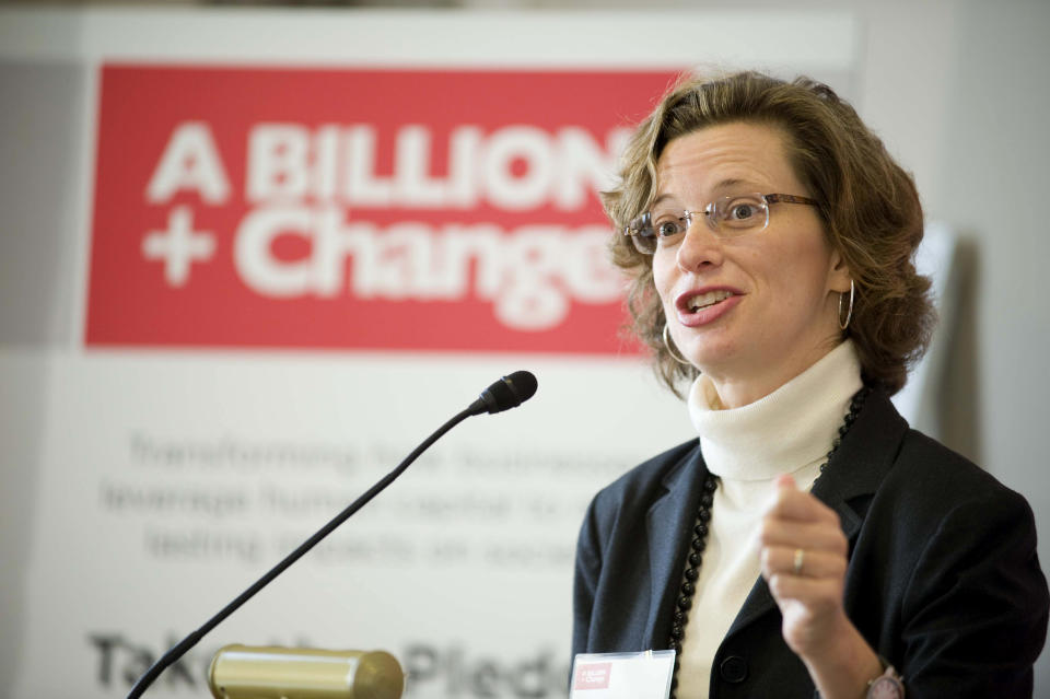 FILE - This Nov. 3, 2011, file photo, shows Michelle Nunn speaks at the launch of A Billion + Change, a national campaign to mobilize billions of pro bono and skills-based service resources by 2013, at a ceremony on Capitol Hill in Washington. Democrats in the conservative South are looking to recapture some old political magic in the 2014 elections. President Barack Obama’s party is running candidates with familiar names, like Carter and Nunn in Georgia, in hopes of rebuilding clout where Republicans rule. Given their recent political struggles in the region, some Democrats say they have nothing to lose. (AP Images/Kevin Wolf for A Billion + Change)