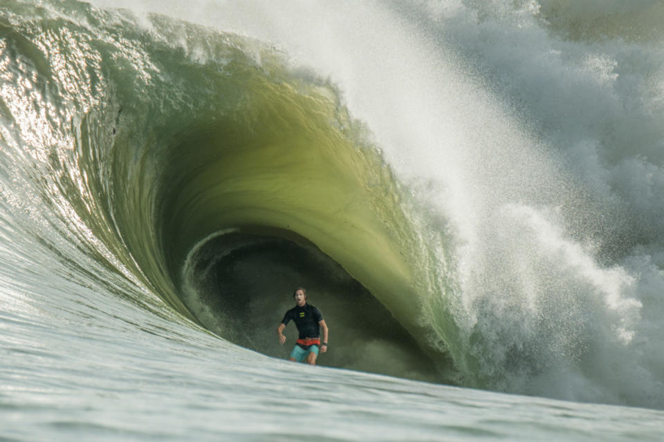 There’s a bommie around the corner from Nias that the locals call Sibatu. Bromdog paddled out by himself a few seasons ago and snagged the biggest wave ever ridden in Indonesia. Before it comes on, he trains by charging the heaviest waves he can find at Sorake Beach, Lagundri Bay, Nias.<p>Photo: Ted Grambeau/Over the Edge film</p>