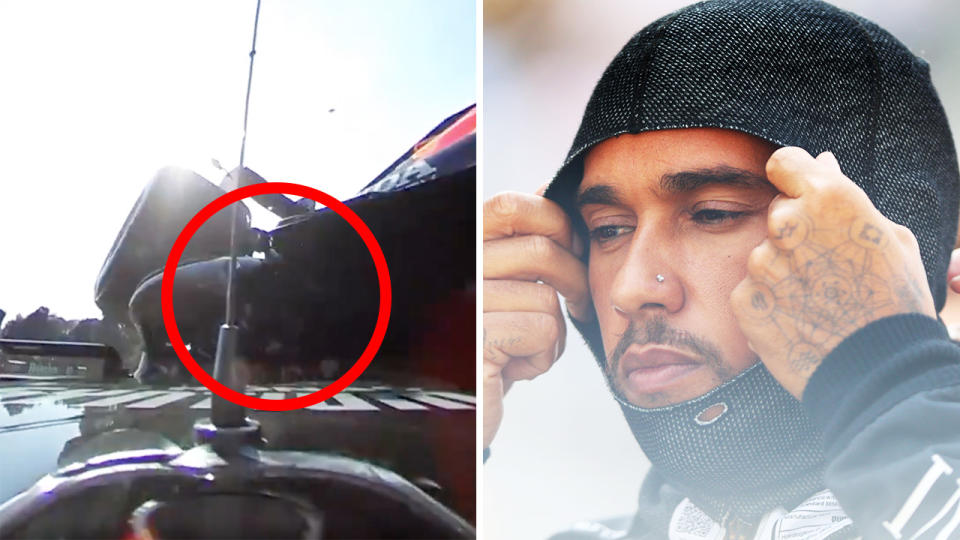 Newly released footage from last weekend's Italian GP showed just how close the rear left wheel of Max Verstappen's car came to F1 champion Lewis Hamilton during their collision. Pictures: F1/Twitter/Getty Images