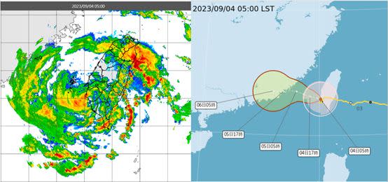 左圖：自昨(3)日時20時「海葵」中心在高雄出海後，至今(4日)晨5時幾乎都在原地滯留打轉(左圖)。