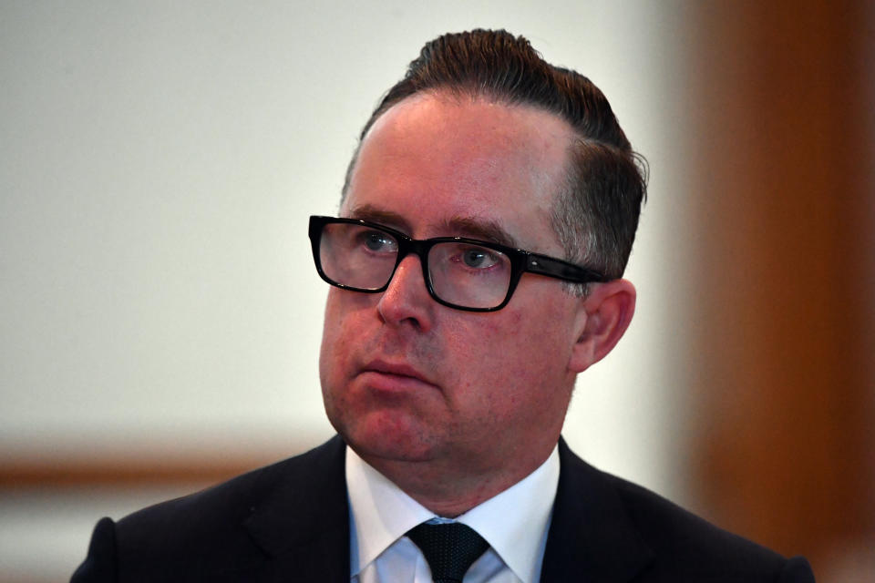 CANBERRA, AUSTRALIA - MARCH 17: Qantas Airlines CEO Alan Joyce is seen during a Business Council of Australia breakfast in the Mural Hall at Parliament House on March 17, 2021 in Canberra, Australia.   (Photo by Sam Mooy/Getty Images)