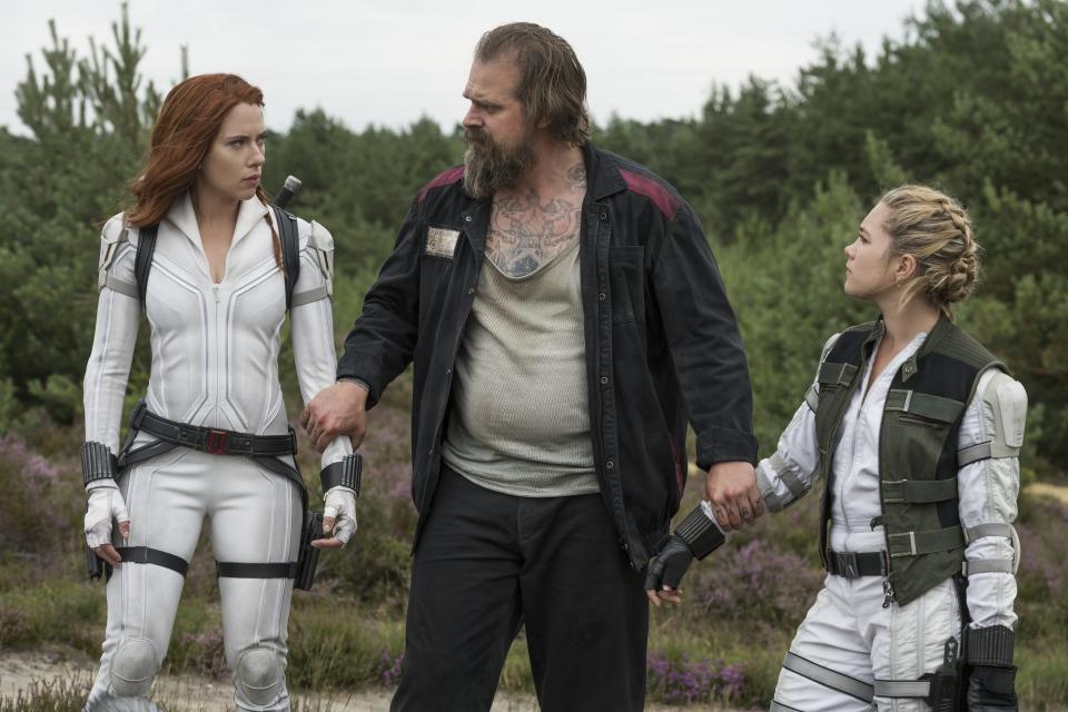 Scarlett Johansson, Florence Pugh, and David Harbour in Black Widow