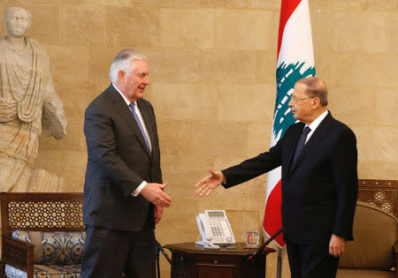 Lebanon's President Michel Aoun meets with U.S. Secretary of State Rex Tillerson at the presidential palace in Baabda, Lebanon February 15, 2018. REUTERS/Mohamed Azakir