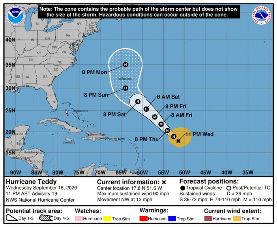 Hurricane Teddy could be a powerful Category 2 storm by the time it approaches Bermuda.