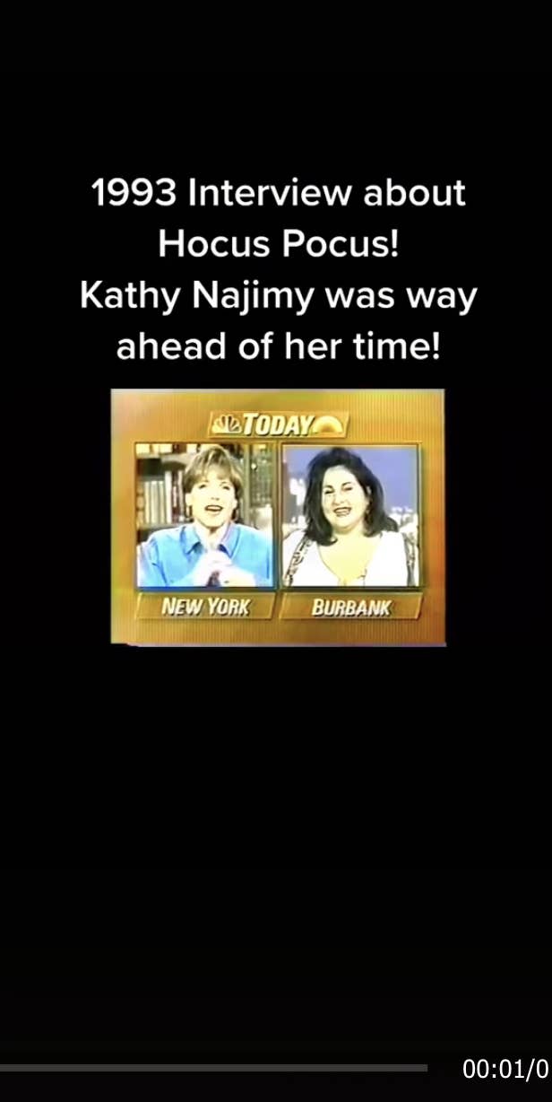 Text: "1993 interview about Hocus Pocus! Kathy Najimy was way ahead of her time!" With small images of Kathy and her Today show interviewer
