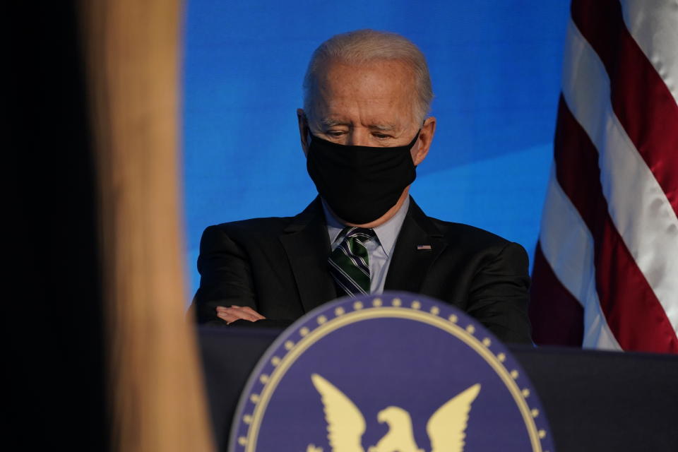 President-elect Joe Biden listens during an event at The Queen theater, Saturday, Jan. 16, 2021, in Wilmington, Del. (AP Photo/Matt Slocum)