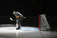 Vegas Golden Knights goaltender Robin Lehner is introduced before the team's NHL hockey game against the St. Louis Blues on Wednesday, Oct. 20, 2021, in Las Vegas. (AP Photo/David Becker)